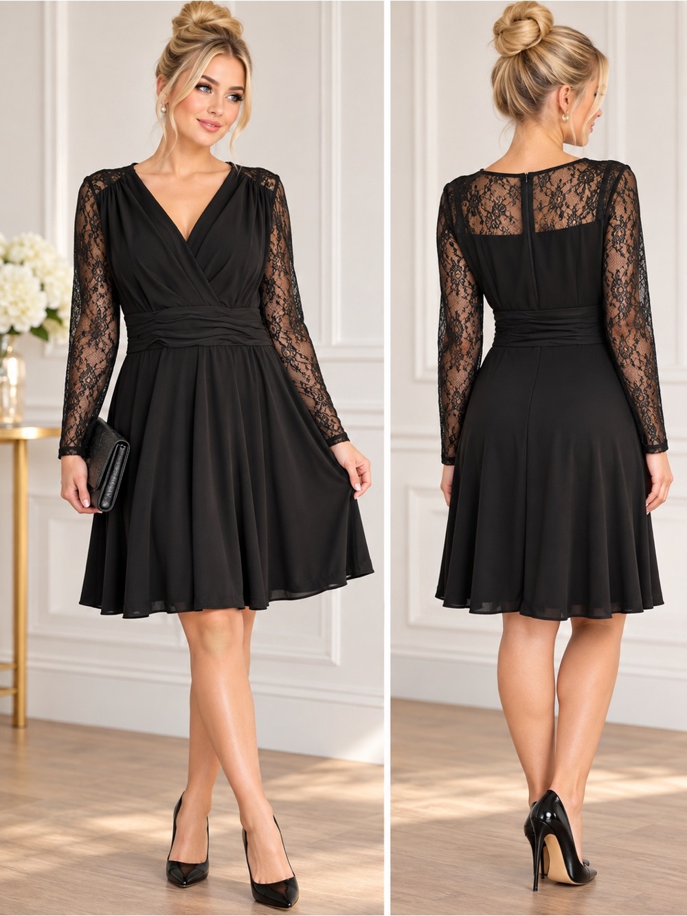 Tahari Black Lace-Sleeve V-Neck Wrap Dress